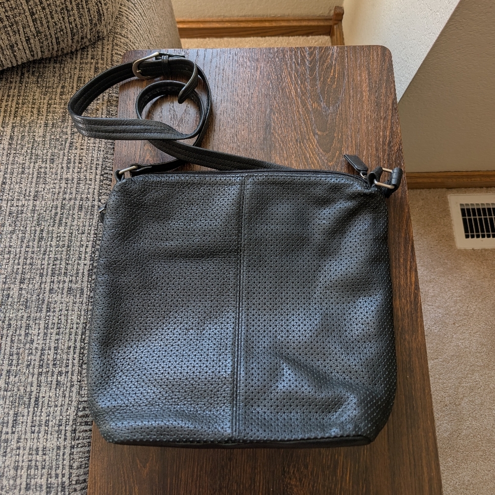 Tignanello Black Leather Perforated Crossbody Bag Purse